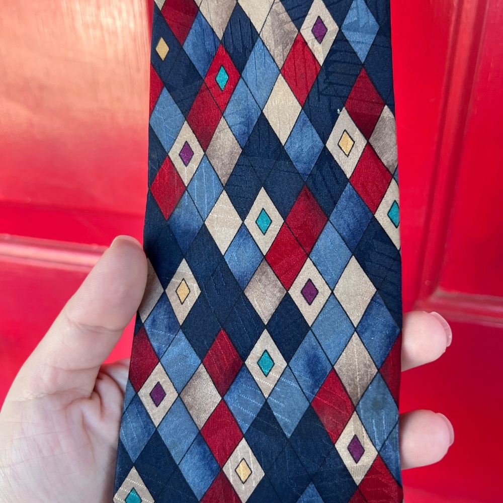 Oscar De La Renta Tie Diamond Blue Red Made in USA Formal Business Wedding